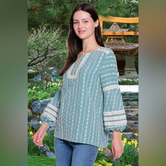 Tru Luxe Womens Embroidered Peasant Top Blouse Tunic Size M Boho Teal NWT - Picture 9 of 10